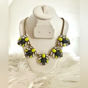 EUC J Crew Rhinestone Statement Blue Green Necklace in Gold Tone